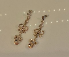 Stunning Vintage Champagne Rhinestones Flowers And Bows Earrings, 2”