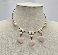 Vintage Pearl & Rose Quartz Choker Y2K Necklace Silver Tone Memory Wire Dangle