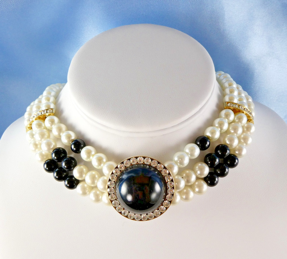 Vintage Faux Pearl Necklace Black White Beaded Multi Strand w/ Crystals