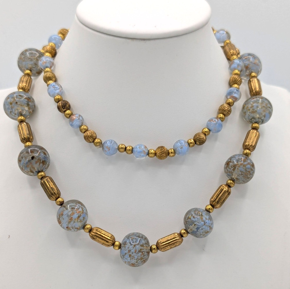 Vintage Murano Venetian Glass Necklace Periwinkle Blue Sommerso Aventurine 28″