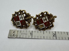Vintage Heraldic Red Gold White Enamel Screw Back Earrings Fleur De Lis Castle