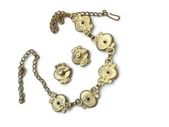 Vintage Satin Plastic Cabochons Rhinestones Necklace Earrings Set