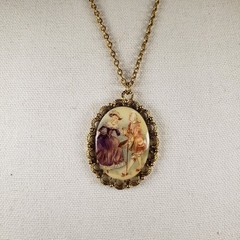 Vintage Porcelain Cameo Lover Dance Courting Couple Gold Tone Pendant 23″ Chain