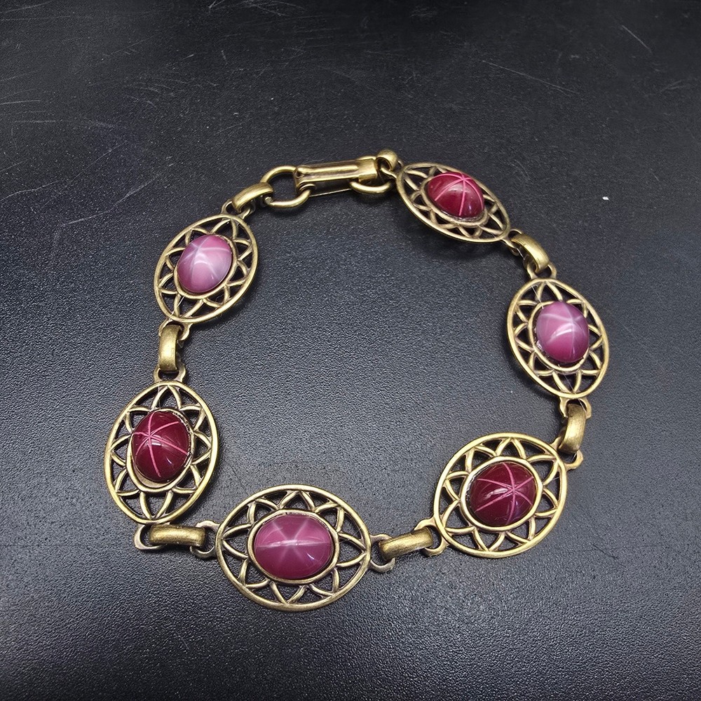 Red Pink Faux Star Ruby Bracelet Brass Filigree Links Vintage Costume Jewelry