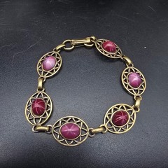 Red Pink Faux Star Ruby Bracelet Brass Filigree Links Vintage Costume Jewelry