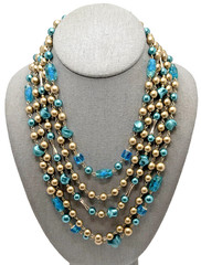 Vintage Japan Multi Strand Beaded Choker Necklace Blue Gold Mid Century 16″