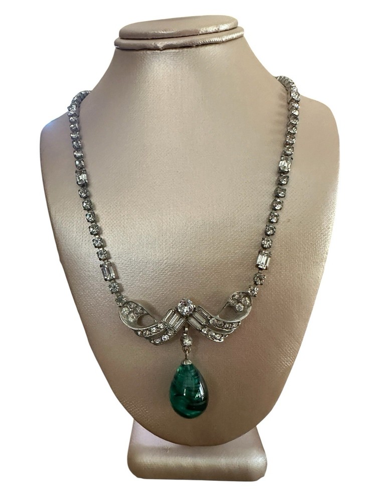 Vintage Schoffel 16″ Rhinestone & Faux Cabochon Emerald Green Necklace 1930s