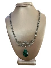 Vintage Schoffel 16″ Rhinestone & Faux Cabochon Emerald Green Necklace 1930s