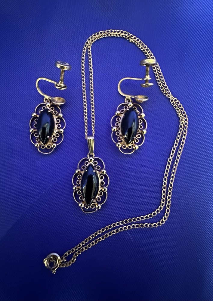Vintage Sorrento 12k GF Marques Black Onyx Necklace Earring Set