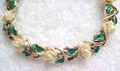 Vintage White Acetate Plastic Roses and Green Enamel Leaves Linked Bracelet