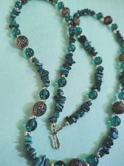 Vintage MALACHITE STONES & Green Glass Beaded Necklace in Silver Tone