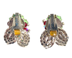 Hobe Molded Glass Flower Earrings Vintage AB Rhinestone Signed Clip-Ons