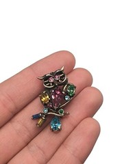 Vintage Multicolor Pastel Rhinestone Adorable Owl Bird Animal Figural Brooch Pin