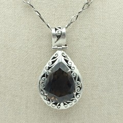 Vintage Sterling Silver 925 Smoky Quartz Large Pendant Necklace 24″