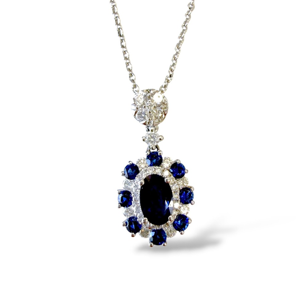 18k White Gold Pendant Necklace with Blue Sapphire & White Diamonds 3.51g. 18″