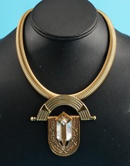 Vtg Ermani Bulatti Art Deco Mother of Pearl Gold Tone Choker Clipon Earrings Set
