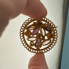 Vintage Rhinestone Brooch Round Pink Purple Marquise Stones Open Back Gold Tone