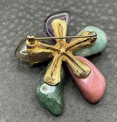 Vintage Flower Brooch Semi Precious Stone Nugget Faux Pearl Gold Tone
