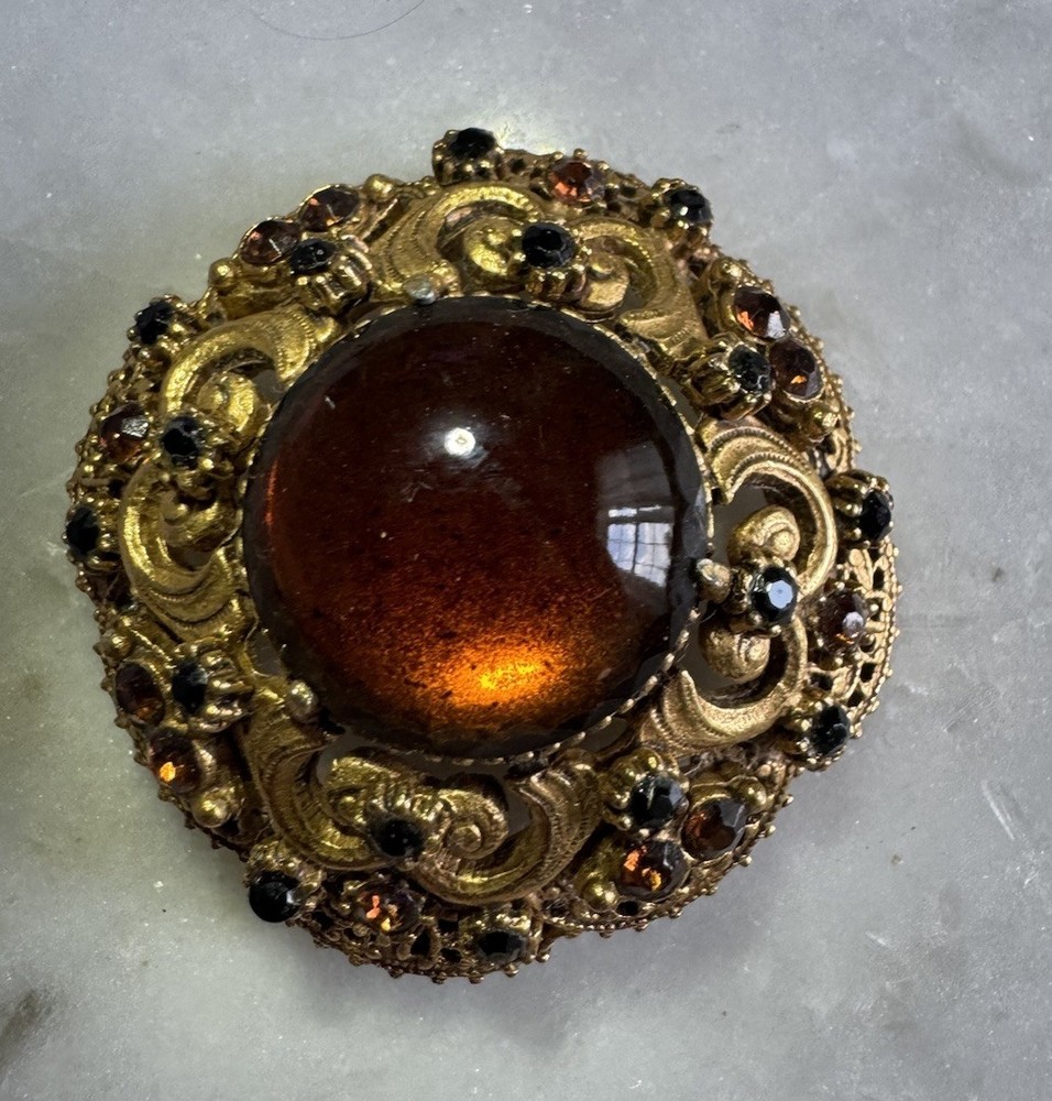 Signed Florenza Large Amber Glass Cabochon Rhinestone Gold Tone Vintage Brooch