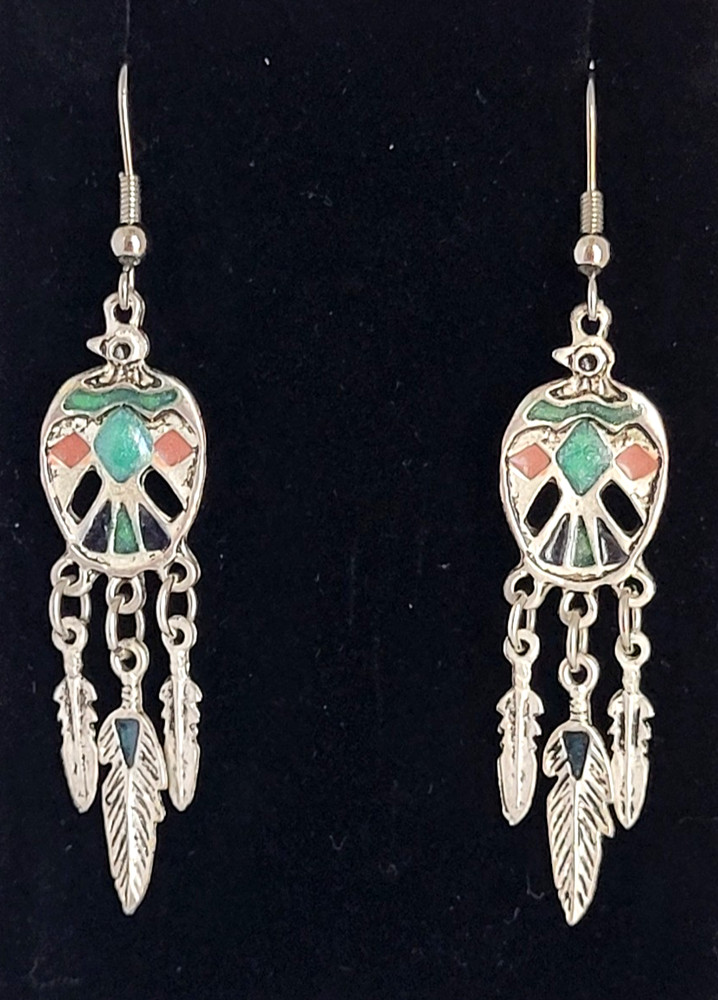 Vintage Thunderbird Enamel Feather Dangle Silver Tone Earrings 2.25″