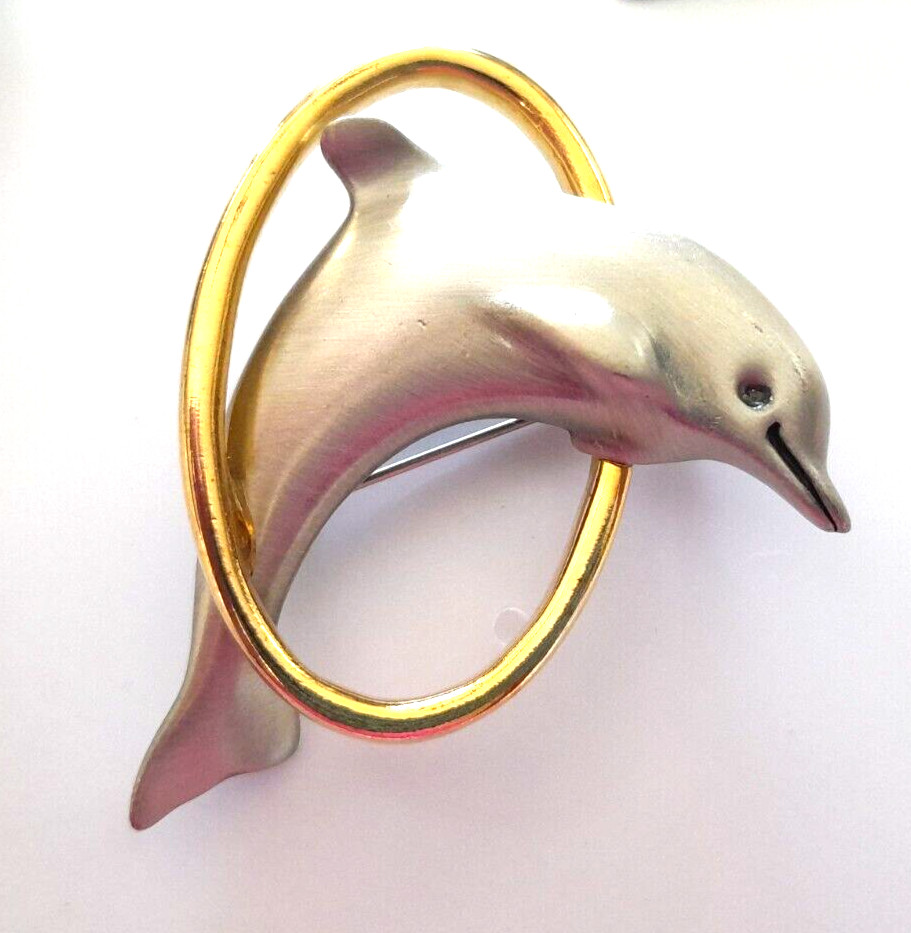Vintage 1980’s FAF FaFard Pewter & 18K Gold Plated 2″ Jumping Dolphin Brooch Pin
