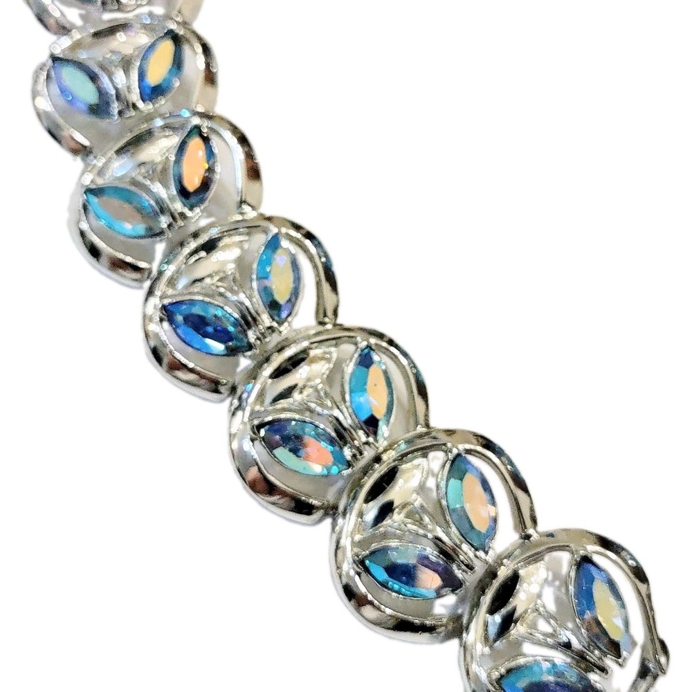 Stunning Signed Sparkly CORO Bracelet with Blue AB Rhinestones Rhodium Back