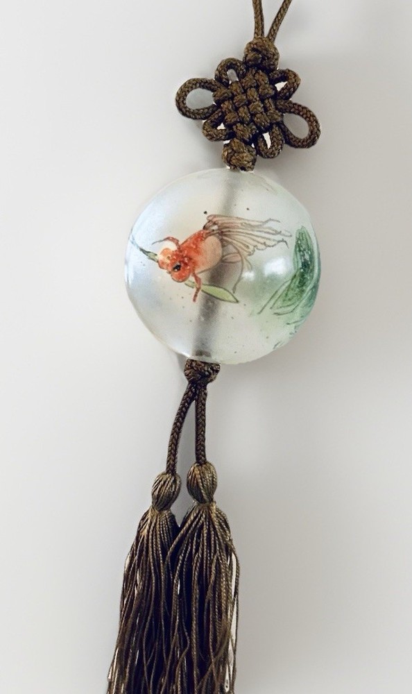 Antique Chinese Reverse Painted Glass Ball Silk Knotted Necklace Coy Fish 1922
