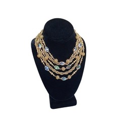 Vintage AB Crystal Glass Bead Multi Strand Gold Tone Bib Necklace 1950s 1960s
