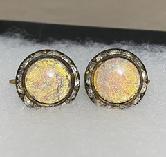 Vintage Rhinestone & Faux Cabochon Fire Opal Gold Tone 3/4″ Screw Back Earrings