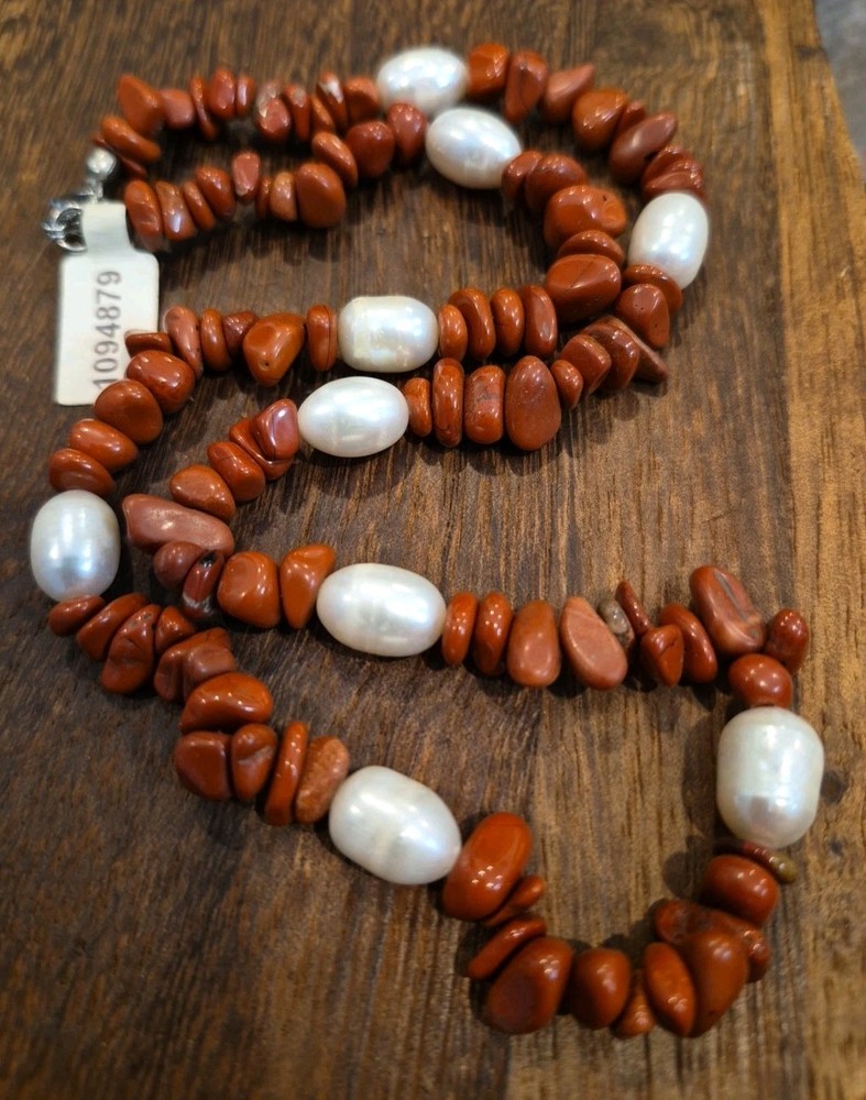 Vtg Terracotta Red Jasper Stone Freshwater Pearl Beaded Necklace