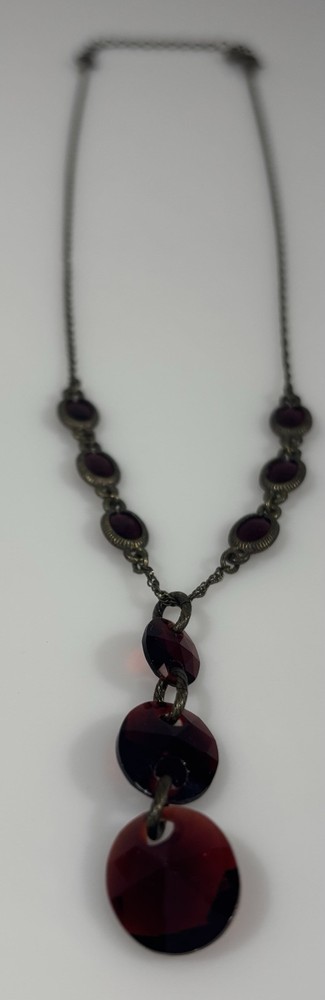 Vintage Red Lucite Disc Drop Pendant Necklace Gunmetal Chain Tiered Acrylic