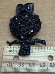 Vintage Owl Figural Black Rhinestone Black Metal Brooch Unsigned