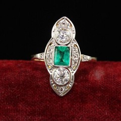 Art Deco Style Trilogy Navette Ring 2.3Ct Simulated Emerald 14k Yellow Gold Over
