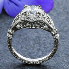 Vintage Art Deco Lab-Created Diamond Filigree Engagement 14k White Gold FN Ring