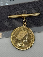 Vintage Gold Tone Coin Jewelry Set Brooch & Drop Earrings 90s Y2K NOS