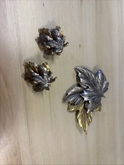 Leafs Brooch And Earrings Set, Three Tone