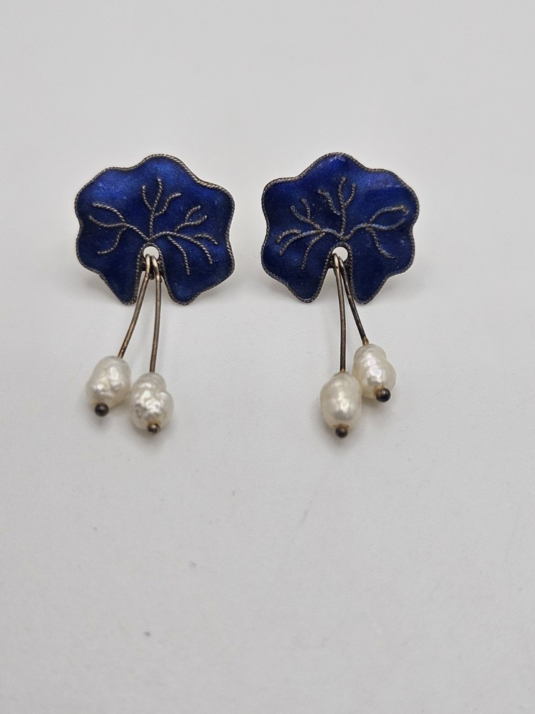 Vintage Water Lily Leaf Blue Enamel Dangle Pearl Sterling Silver Stud Earrings