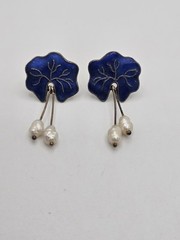 Vintage Water Lily Leaf Blue Enamel Dangle Pearl Sterling Silver Stud Earrings