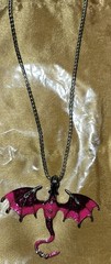 Vintage Oil Drip Flying Dragon Necklace In Purple and Pink w Stones 23. 5″ Chain