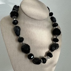 Vintage Chunky Black Faceted Lucite Bead Necklace Raw Nugget Rhinestone Choker