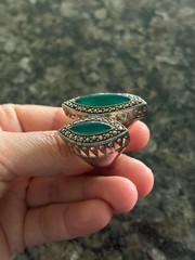 Marcasite Sterlling Silver Chunky Double Green Stone Ring, Size 8