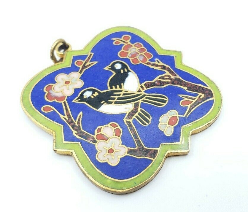 Vintage Enamel Birds on Cherry Tree Pendant for Necklace Gorgeous