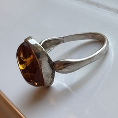Sterling Silver 925 Vintage GOD Signed Baltic Amber Ring Sz 8 Modernist