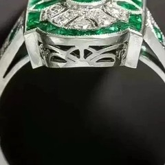 Art Deco Style Oval Cut Emerald & Lab Created Diamond Engagement 925 Silver Ring