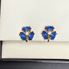 Vintage Gold Tone Blue Navette Rhinestone Screwback Earrings Mid Century Whimsy