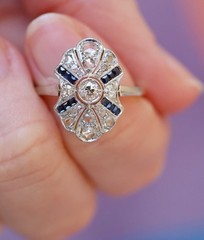 Art Deco Lab Created Diamonds ring with Blue Sapphire 925 Sterling Silver Ring
