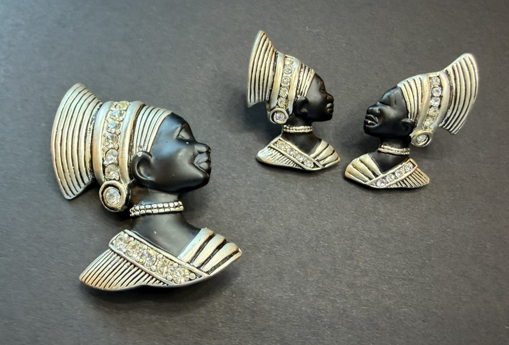Vintage Egyptian Revival Nubian Queen Brooch & Earrings Set Askew London Style
