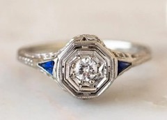 Art Deco Style Lab Created Diamond & Sapphire Engagement 14K White Gold FN Ring