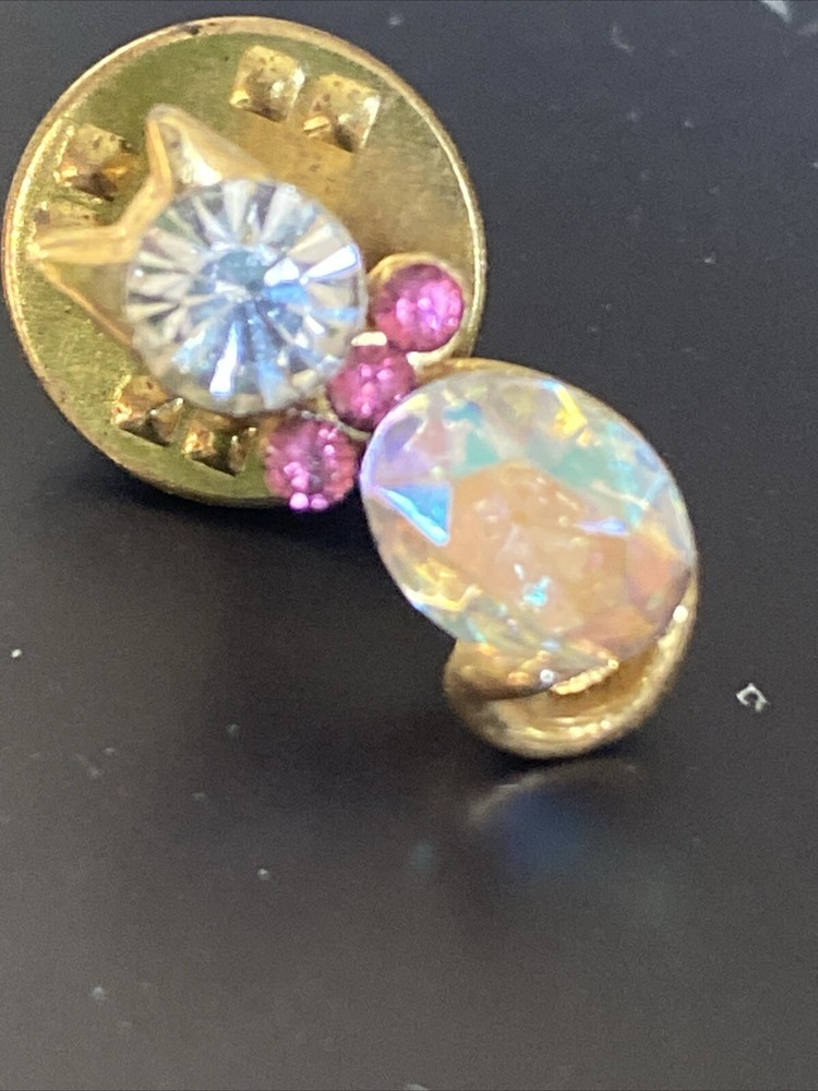 Vintage Rhinestone Kitty Cat Goldtone Lapel Pin Pin Back Tie Tack Hat Badge