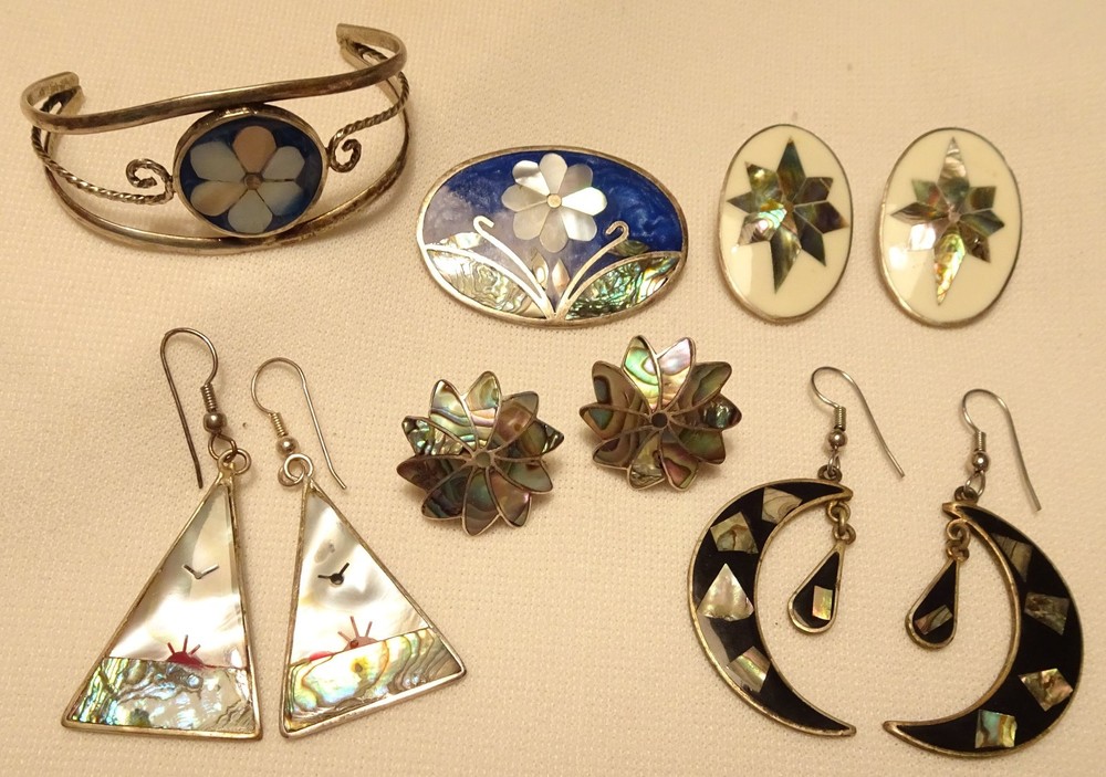 Vintage Alpaca Jewelry Lot Bracelet Brooch Pendant Earrings Clip Screw Pierced
